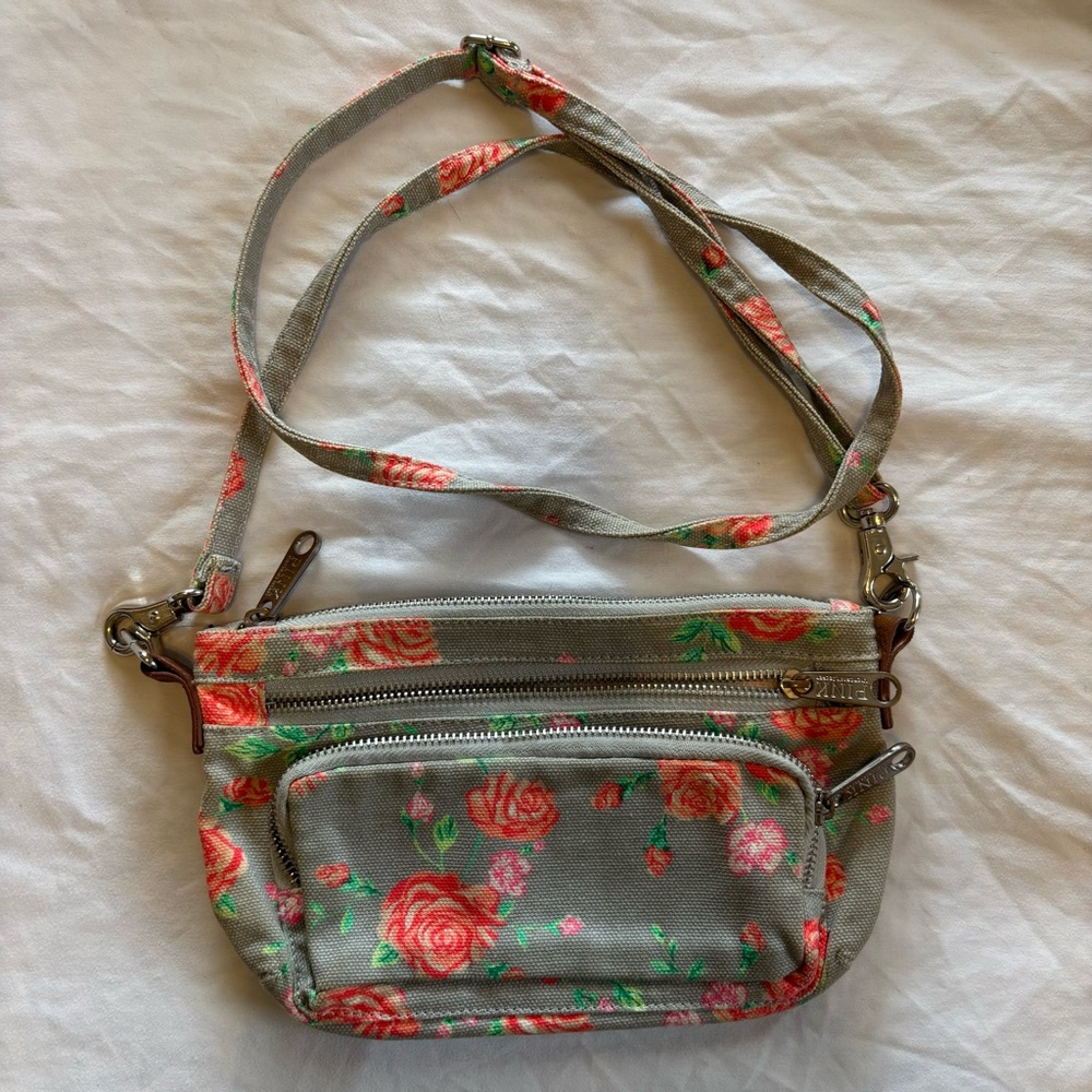 Victoria's Secret Floral Gray Crossbody Bag EUC Green,Red and Pink Accents